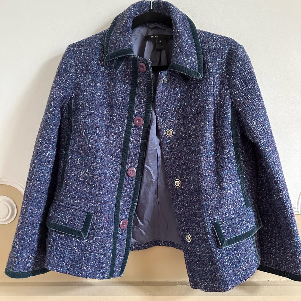 Marc Jacobs wool blend purple tweed boucle jacket velvet trim size 8